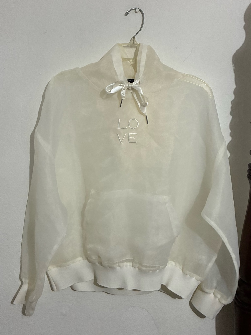 Forever 21 Sheer Cream Teddy Pullover Jacket with 'LOVE' Embroidery